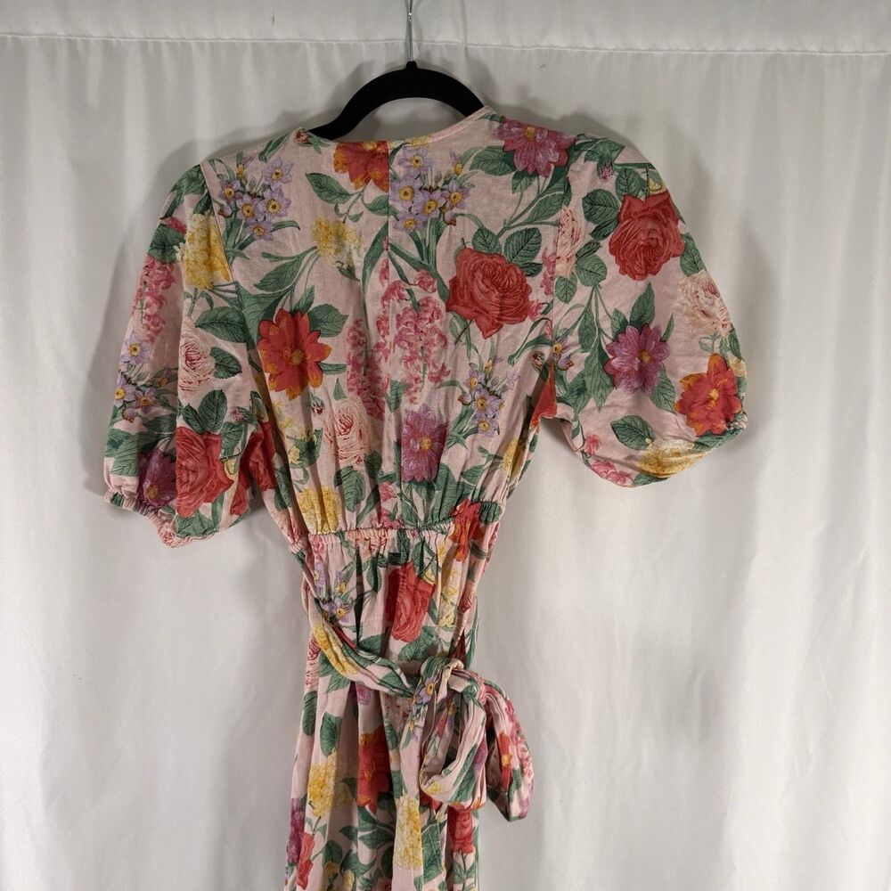 Old Navy Linen Blend Maxi Dress Women's Small Pink Floral Wrap Top Puff Sleeve - Picture 8 of 9